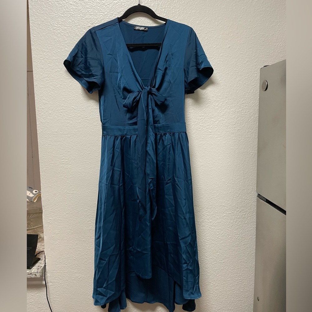 Royal blue satin dress with tie in the front